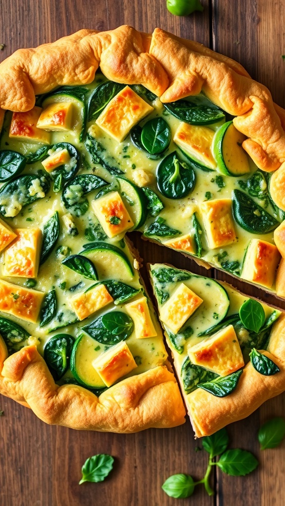 A golden-brown spinach and zucchini quiche with a flaky crust, filled with creamy egg and cheese, garnished with herbs.